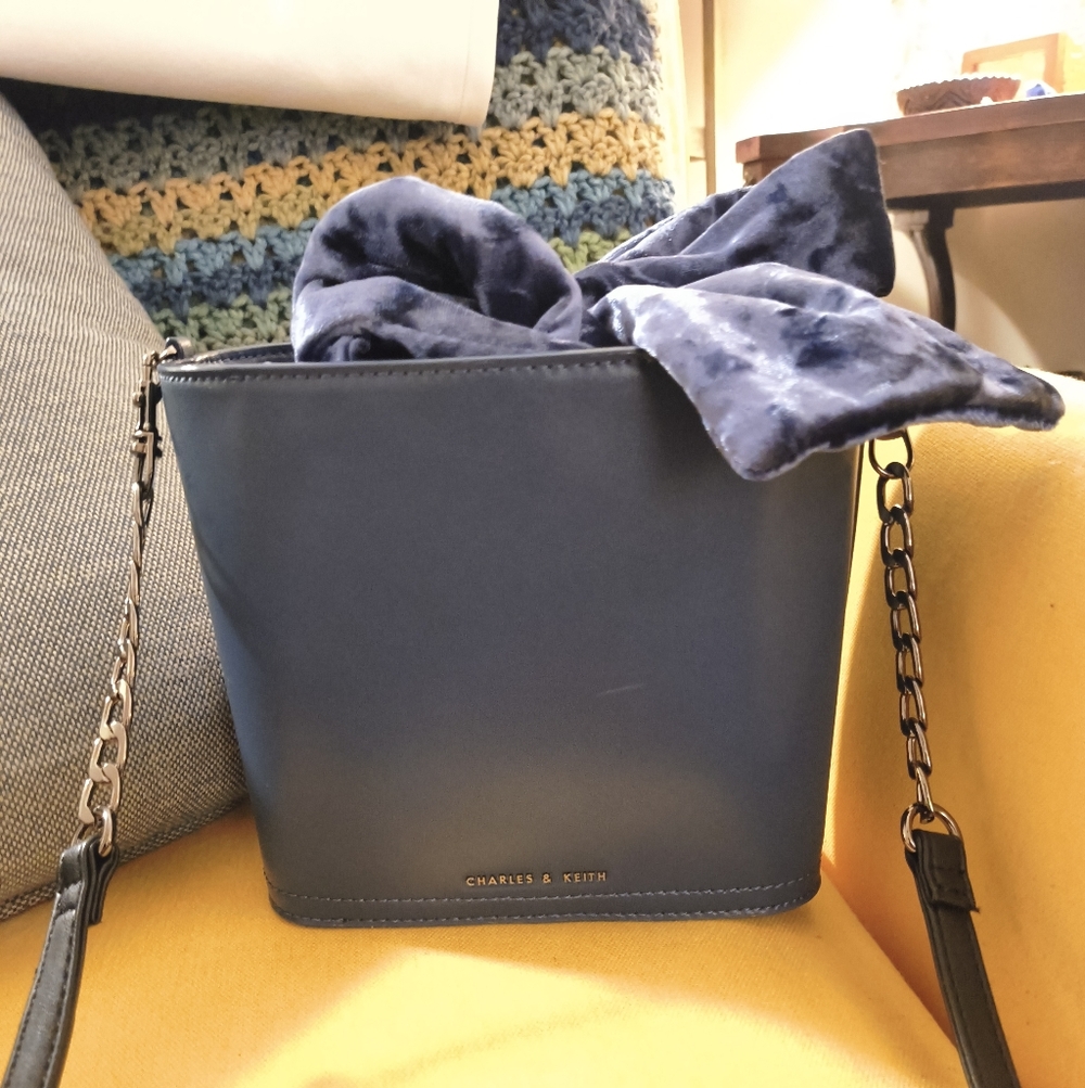 Charles & Keith Navy Tote Bag with Velvet Accent